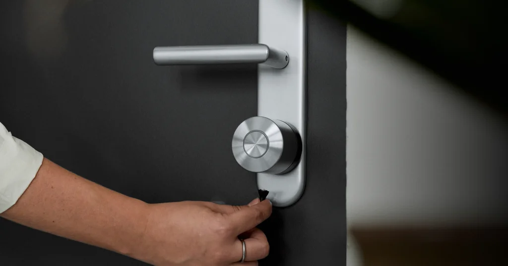 La Smart Lock Ultra su una porta nera. Una mano collega il cavo di ricarica alla serratura.