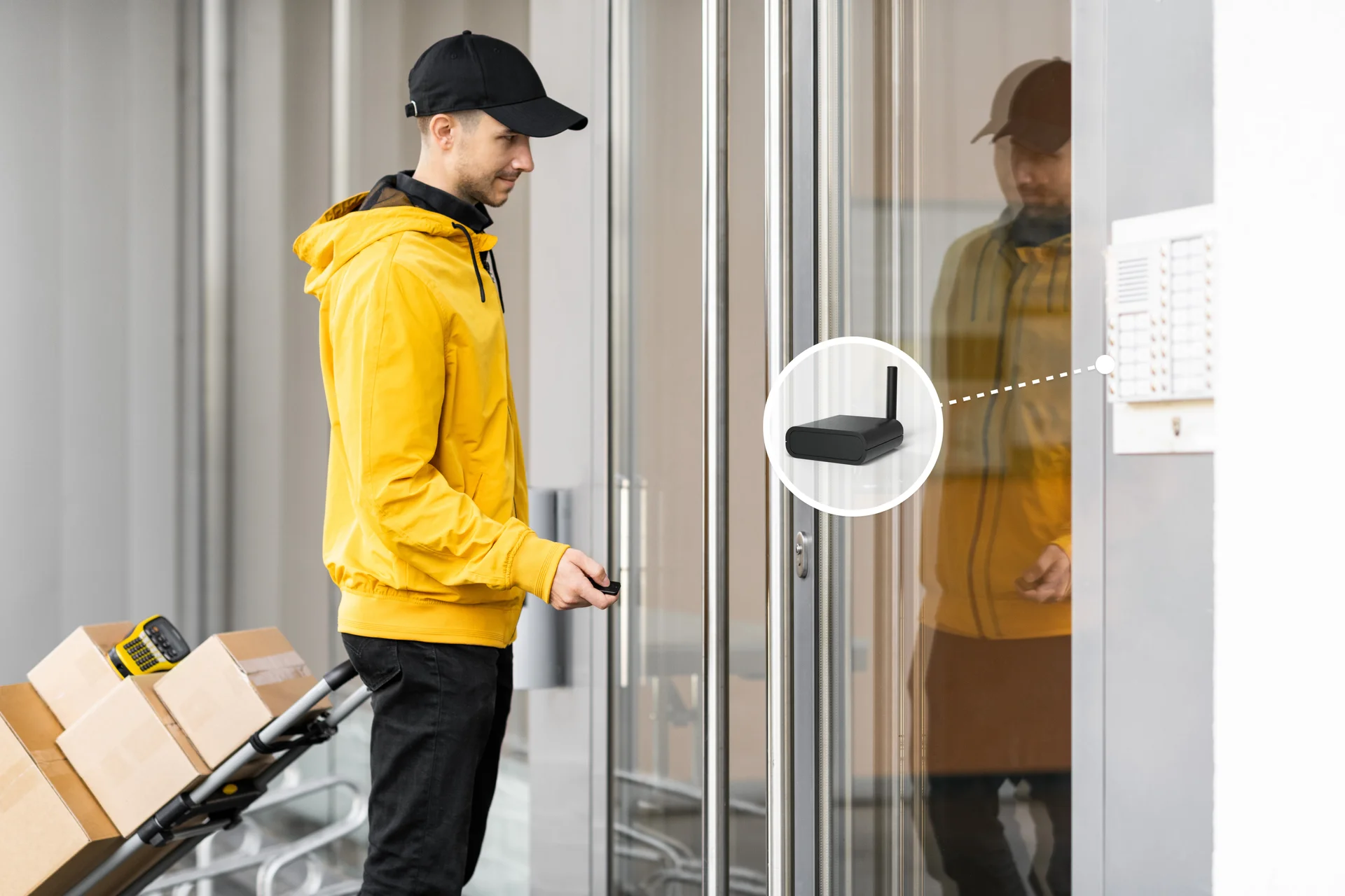 Delivery driver opens the entrance using a Nuki Box connected to the intercom system.