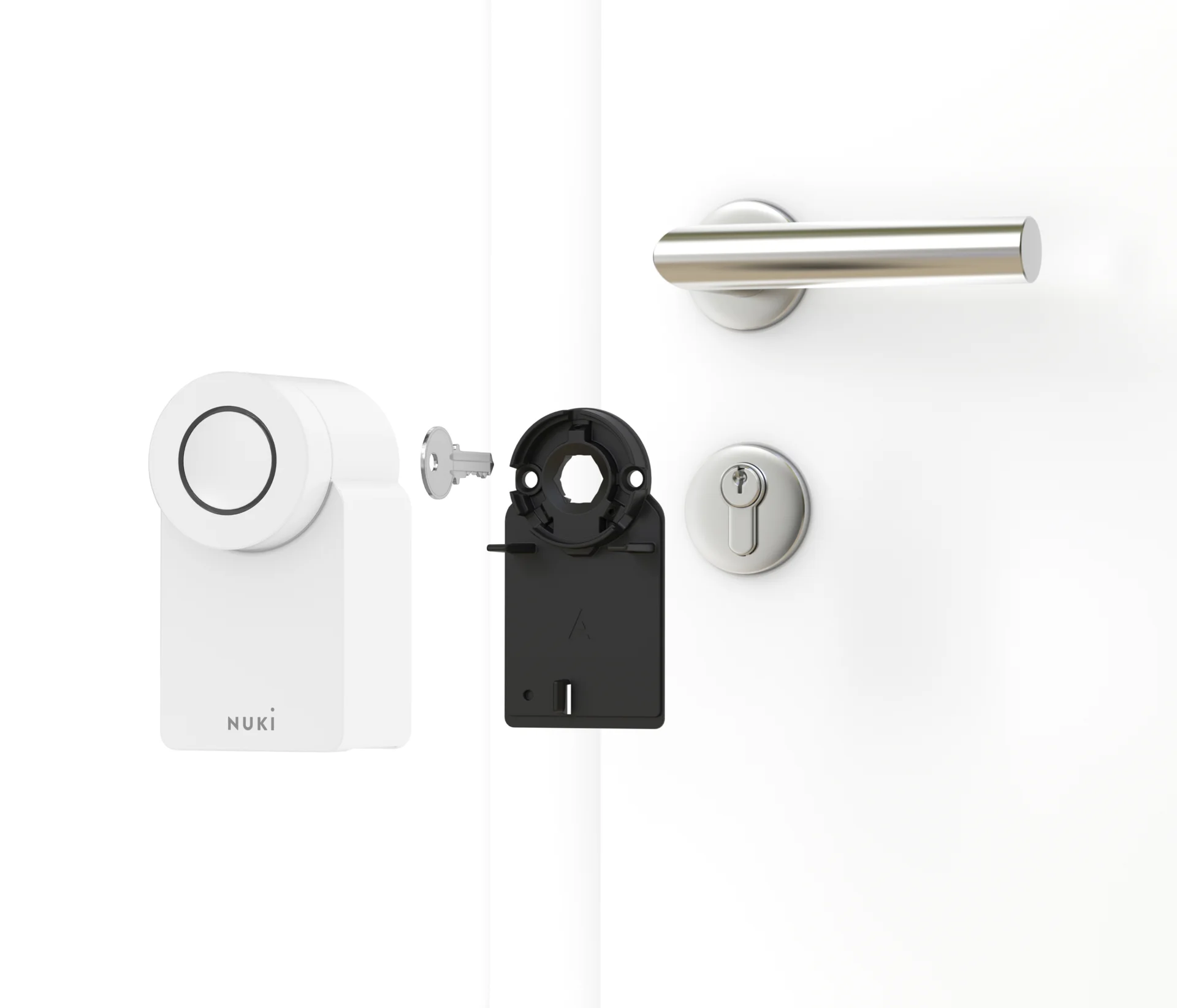 Exploded view of Nuki Smart Lock Go and mounting plate – simple installation on the inside of the door.