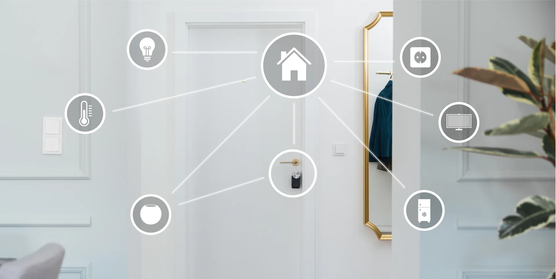 Smart home concept with Nuki Smart Lock at the center, connected to various devices like lights and thermostat.