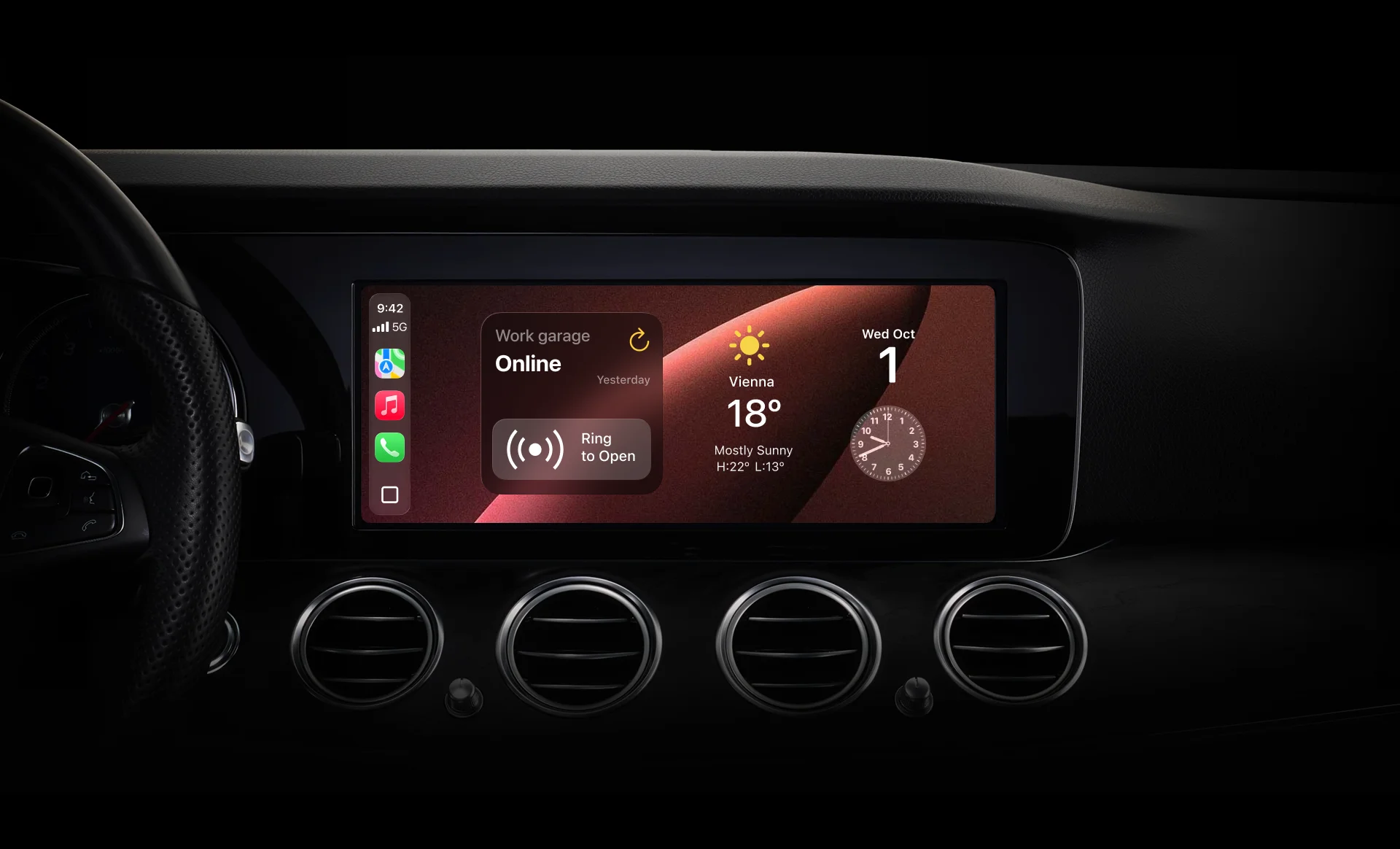 A Car Display with Apple Car Play showing the Nuki Widget to open your Door from the car.