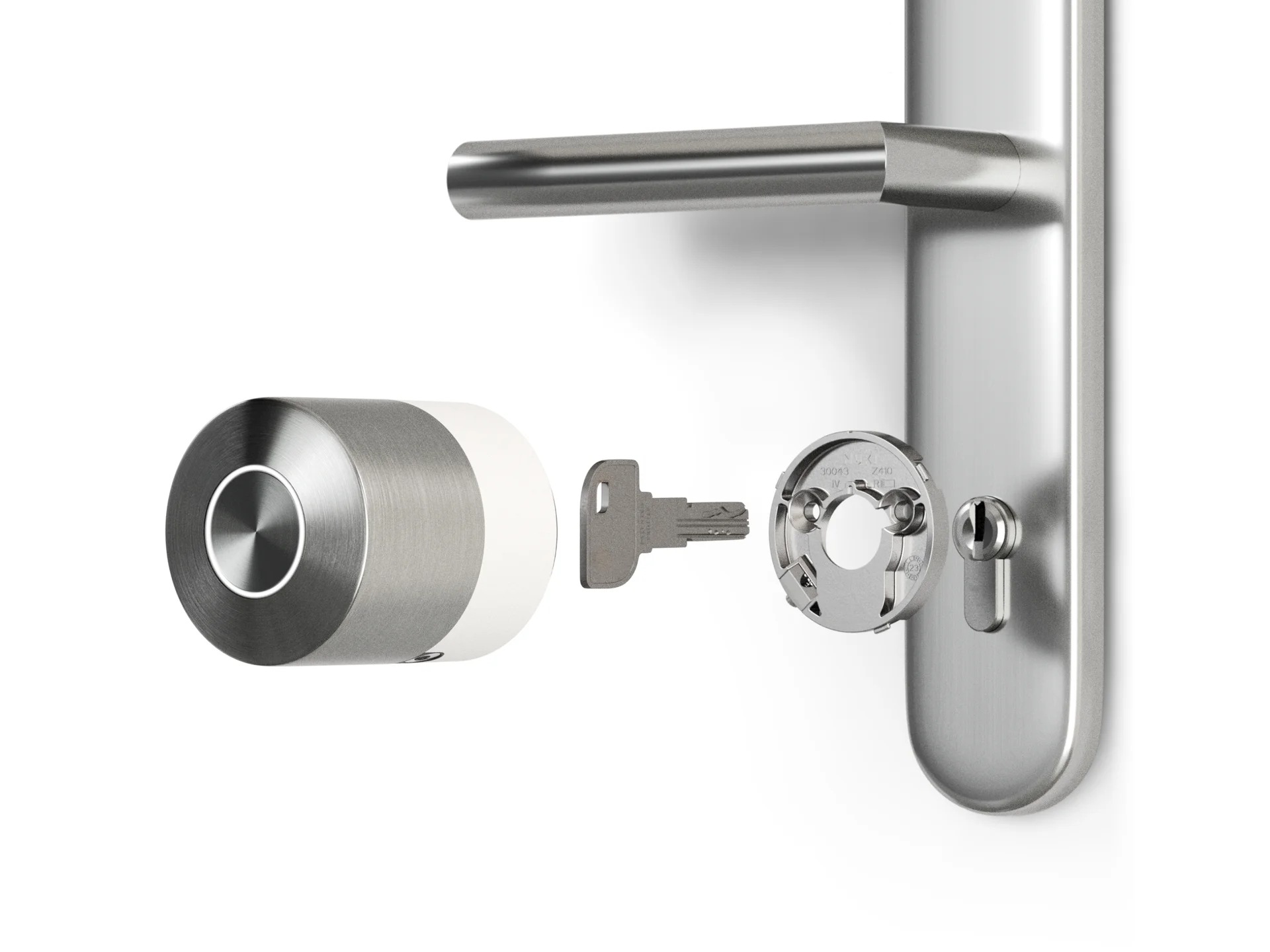 Door handle with the most advanced retrofit solution the Nuki Smart Lock Pro on the door lock including key.