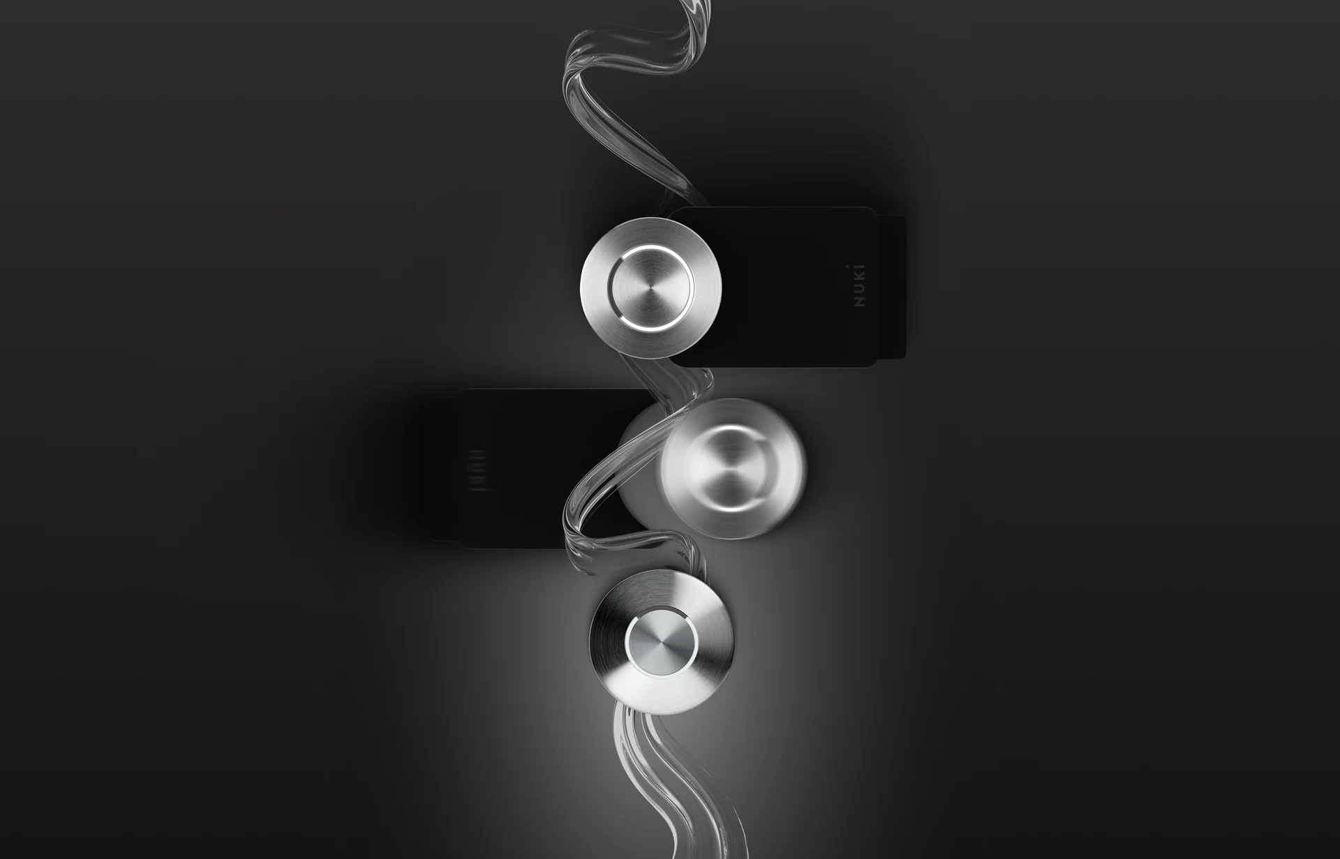 Smart Lock models connected by a light trail, symbolizing the Nuki upgrade program