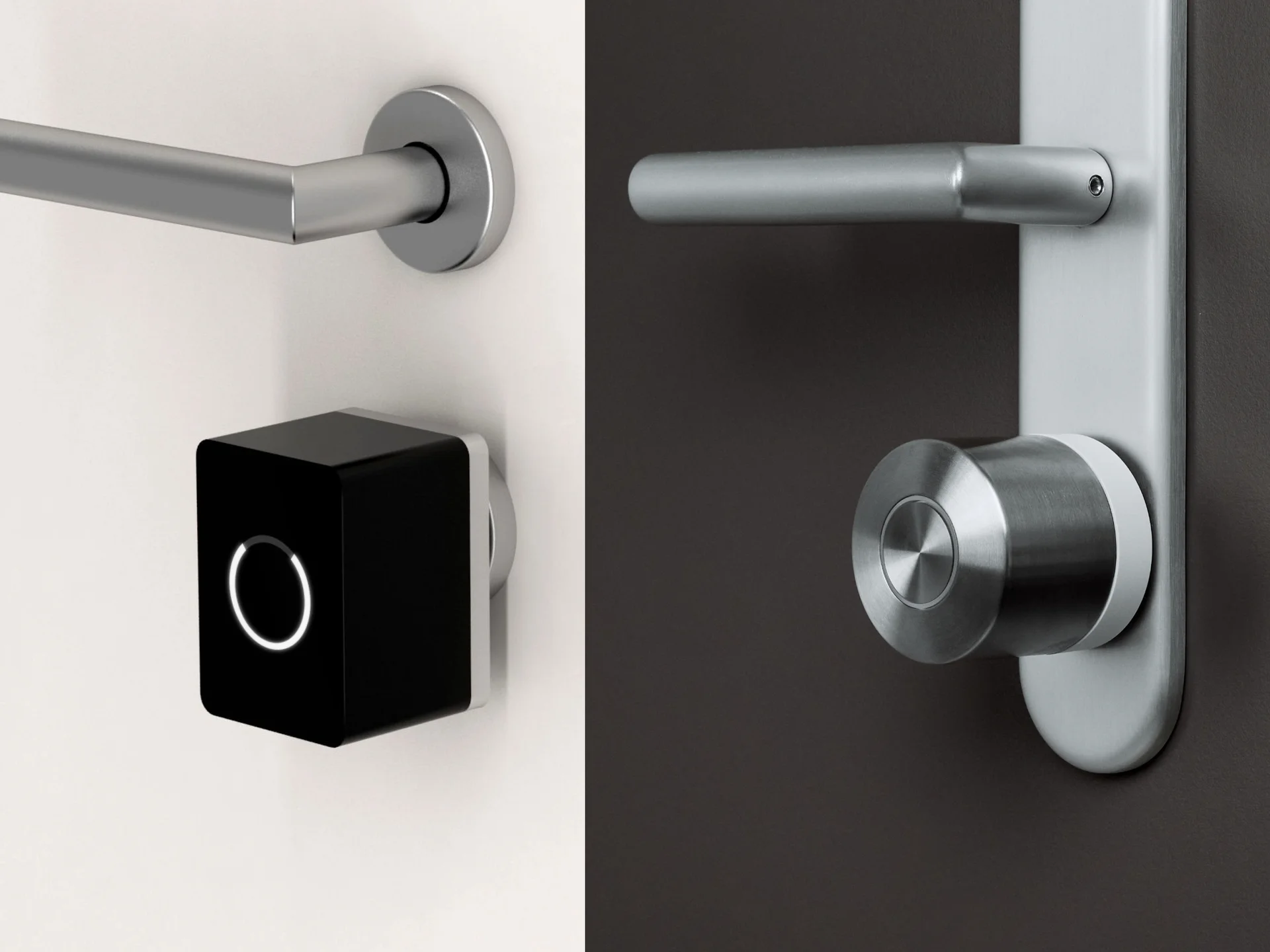 A comparison of the first Nuki Smart Lock mounted on a door and the Smart Lock Ultra.