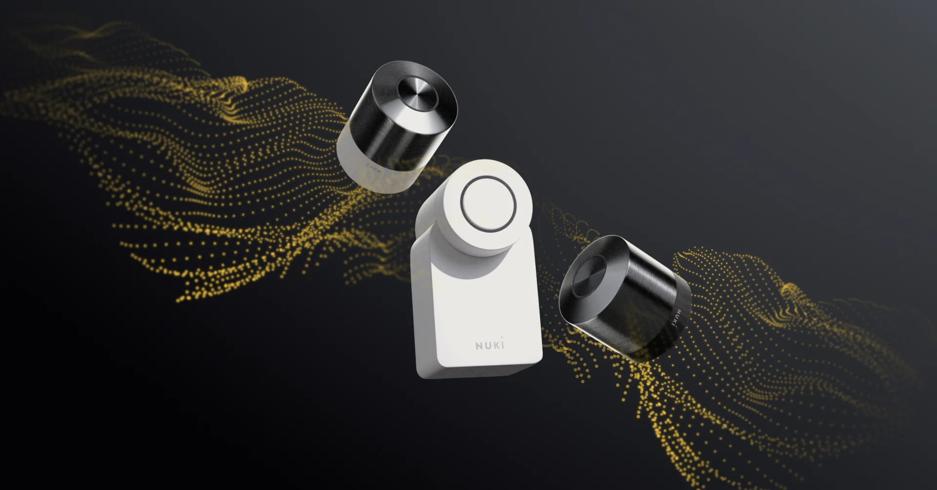 The Smart Lock Go, Pro and Ultra floating in front of a black background. A golden band connects them.