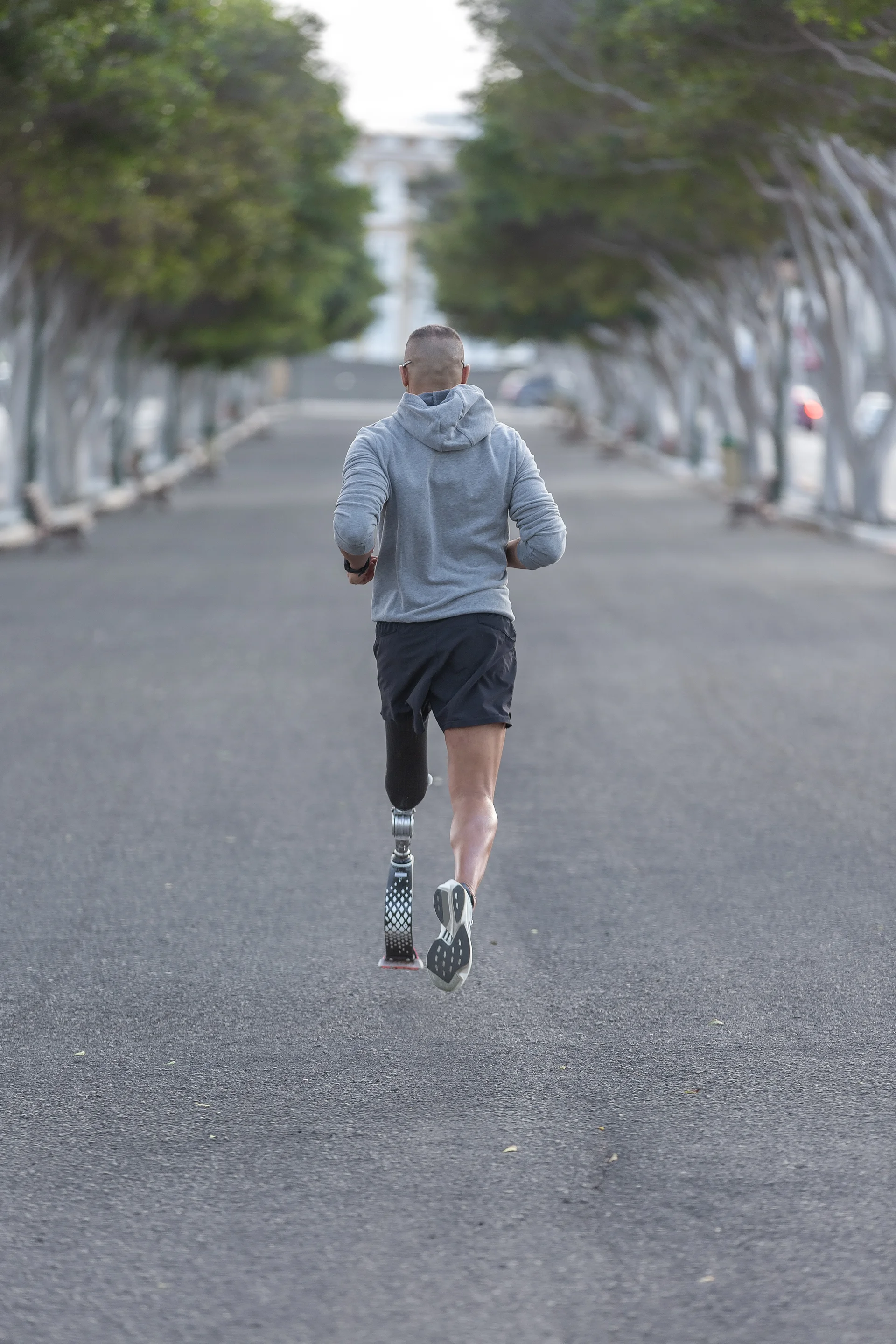 Backview of a man jogging on a tree-lined street in the city.